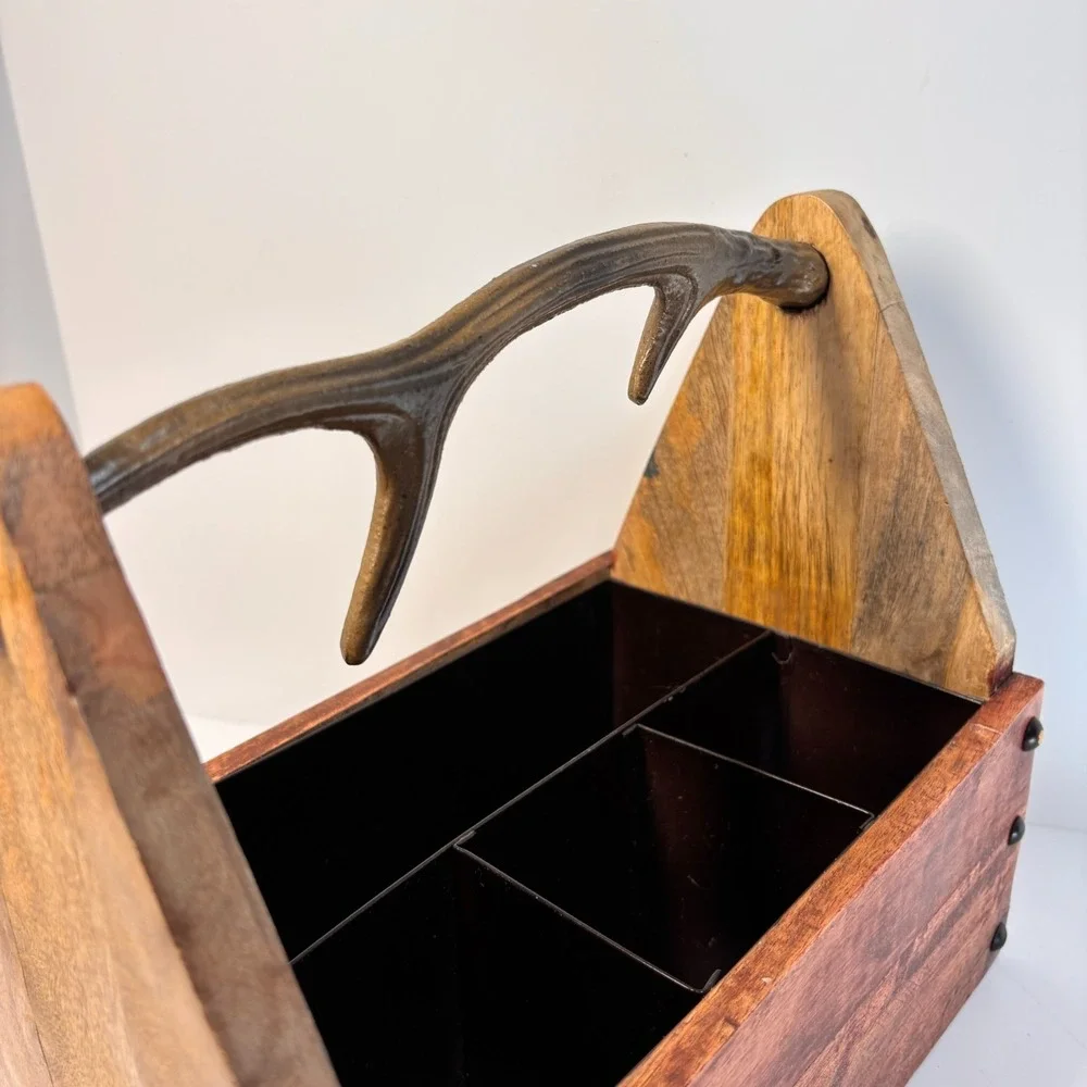 Rustic Pine Wooden Tote Box Antler Handle Primitive Farmhouse Tool Utensil Caddy